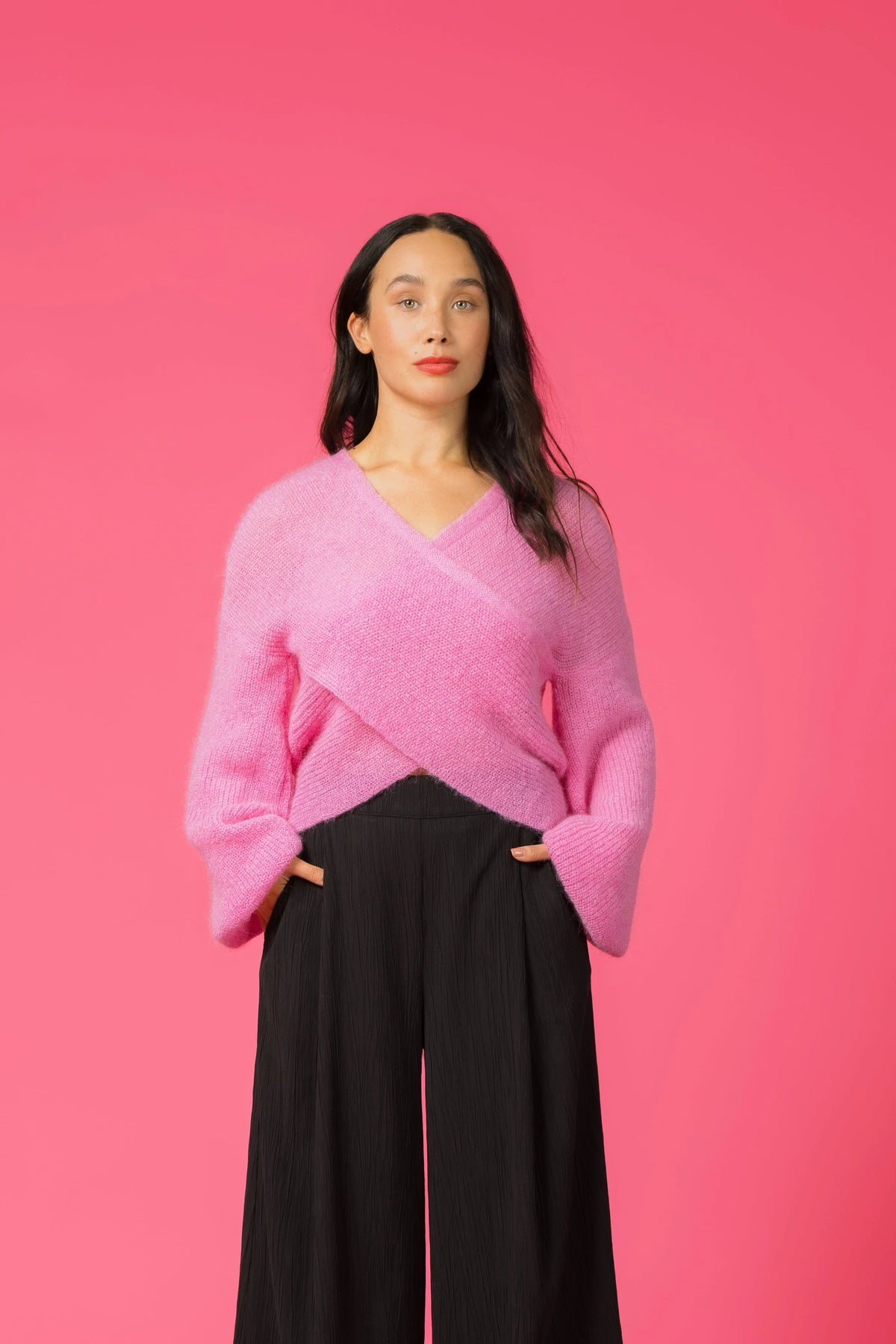 PRE-ORDER: Cross Knit Sweater, Pink/Black