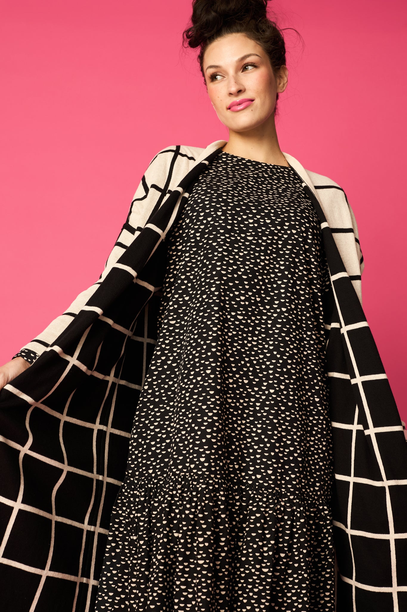 PRE-ORDER: LONG CARDIGAN, Giant Grid, reversible CREAM MELANGE