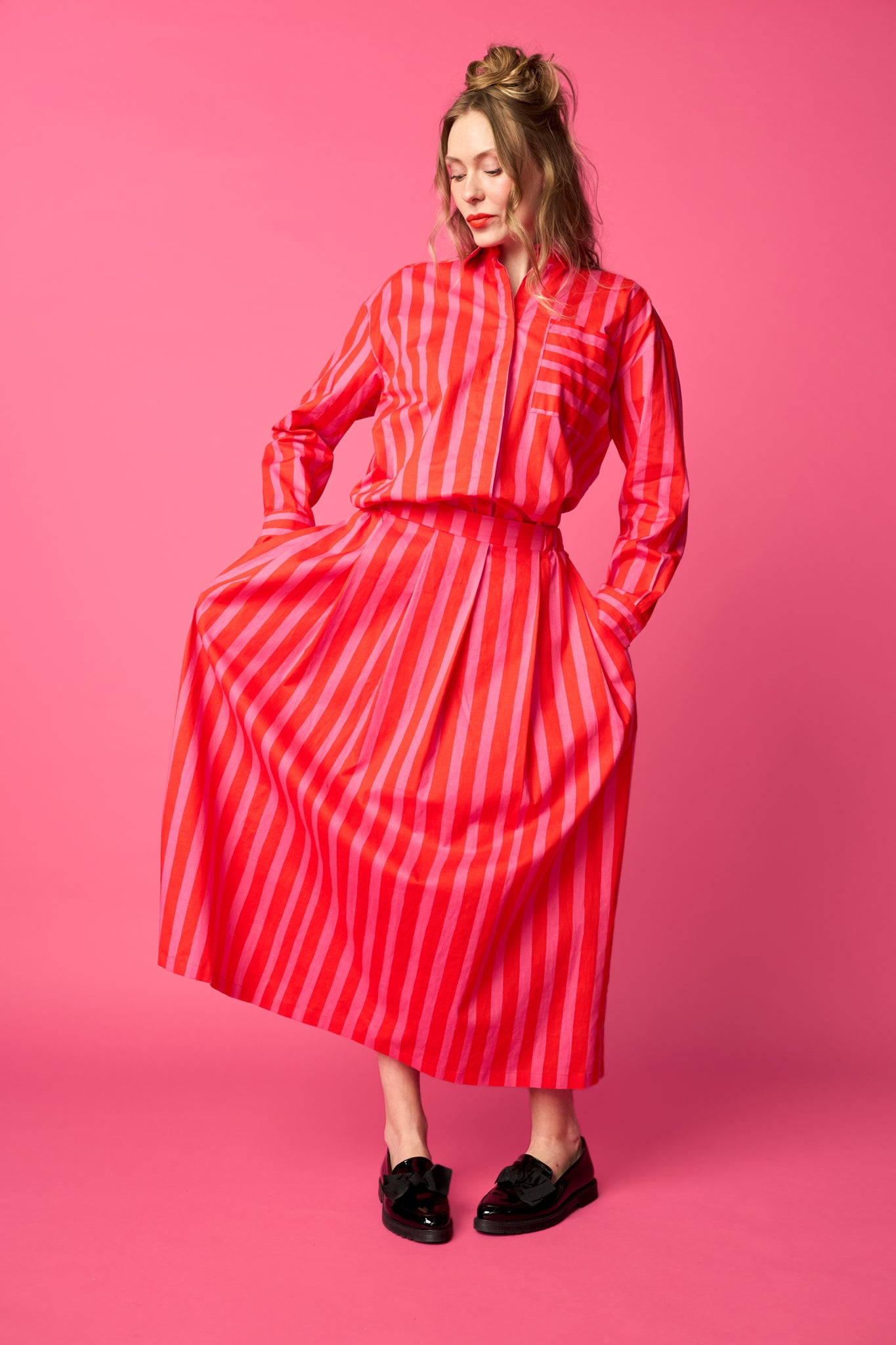 PLEATED-skirt, Paris stripe pink