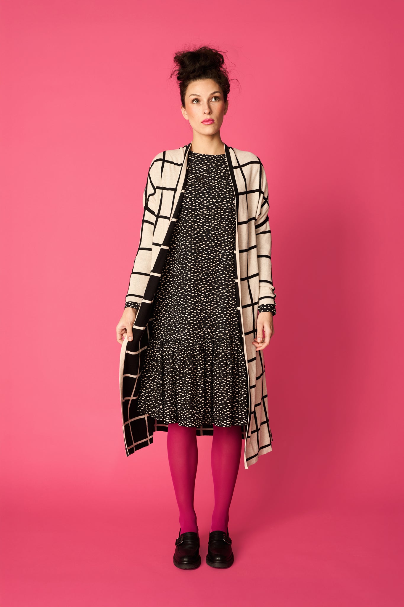 PRE-ORDER: LONG CARDIGAN, Giant Grid, reversible CREAM MELANGE