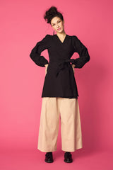 PUFF WRAP DRESS, Black