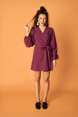PUFF WRAP DRESS, Grape Purple