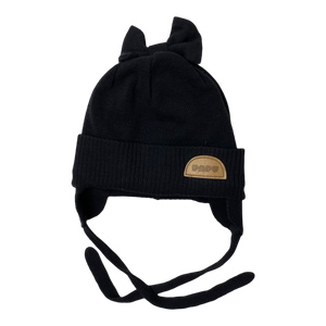 Papu cotton and wool mix bow beanie, black | 1-2y