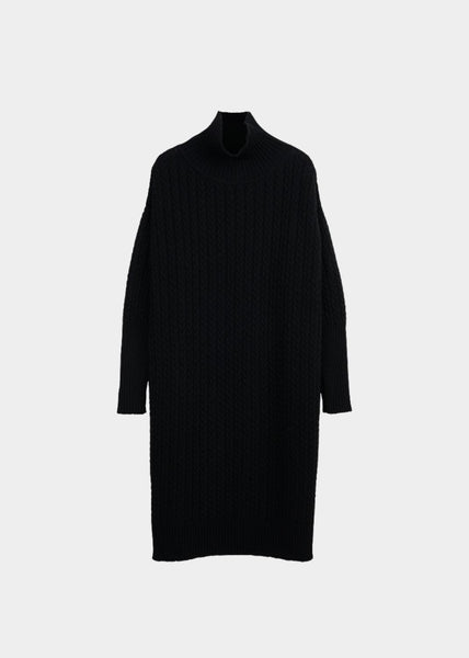 CHUNKY TURTLE DRESS, Cable Knit, Black, Women