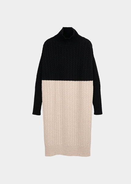 CHUNKY TURTLE DRESS, Cable Knit, Black/Light Sand, Women