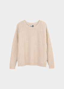 O-NECK PULLOVER, Cable Knit, Light Sand, Women