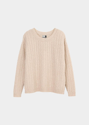 O-NECK PULLOVER, Cable Knit, Light Sand, Women