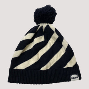 knitted pom beanie, white/black | XS/S